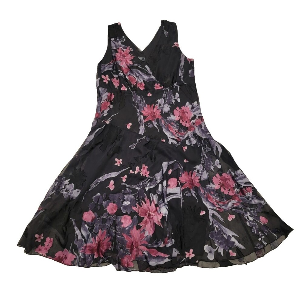 Dressbarn Collection Black Pink Purple Floral V-Neck A-Line Dress 20W Midi